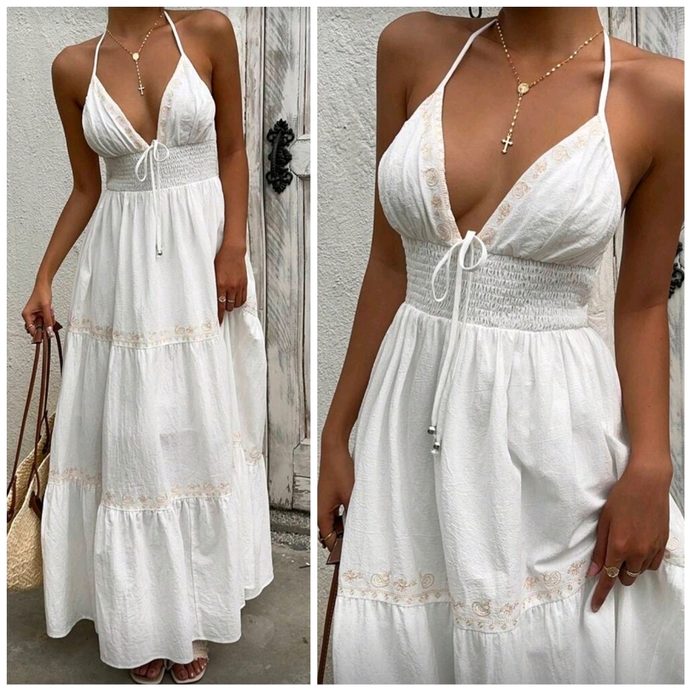 New Boho Embroidered Tie Halter Tiered Maxi Dress White Tan